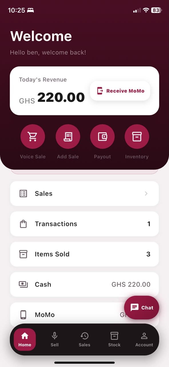 Makola AI mobile POS dashboard showing revenue, sales, payments, and inventory